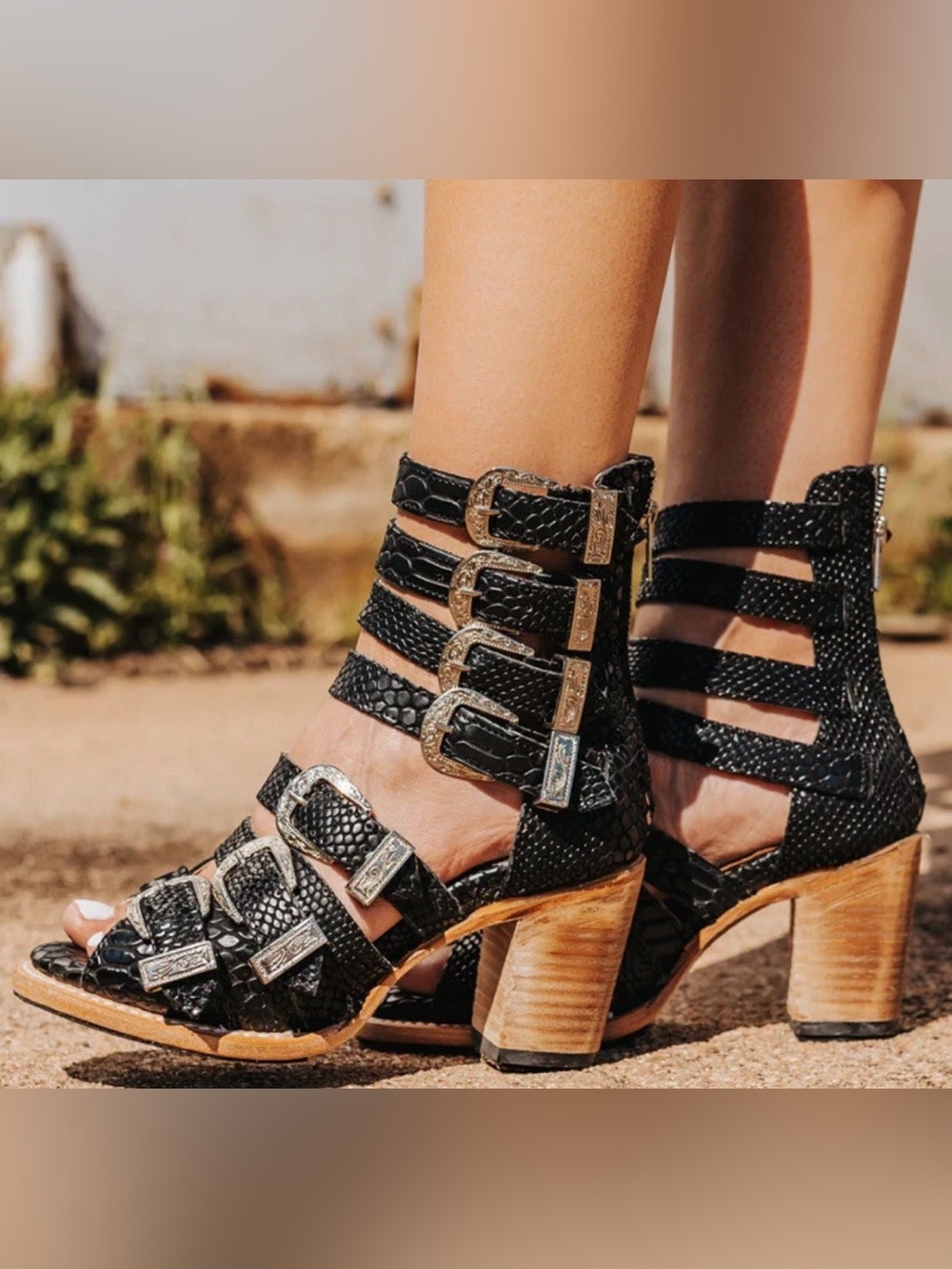 Freebird by Steven • Brooklynn black leather heeled western sandals sz 7 nwot